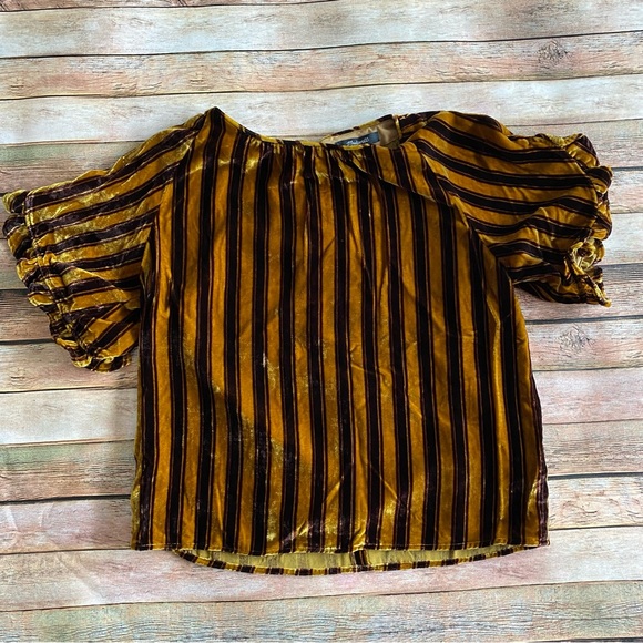 NWT Madewell Memento Gold & Brown Stripe Velvet Ruffle Blouse Small - Picture 2 of 6